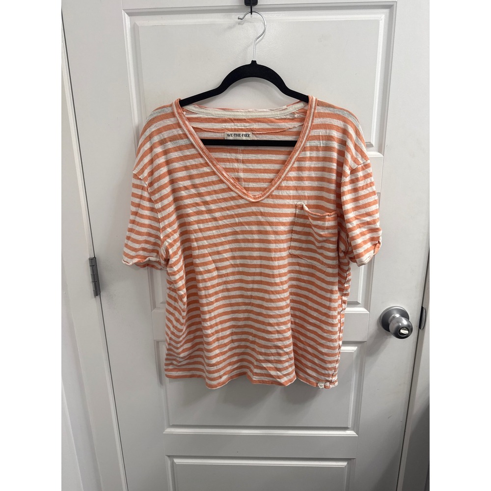 We The Free Free People Orange White Striped V-Neck Pocket T-Shirt Womens Small